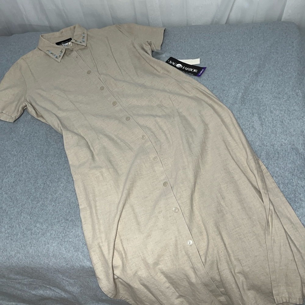Linen Maxi Dress Large Button Mature Modest Neutral Coastal Capsule NWT